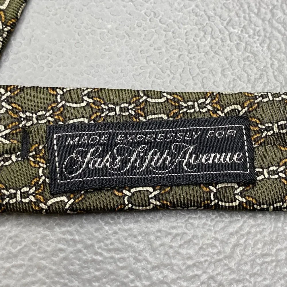 Saks Fifth Avenue Silk Tie Geometric Chain Bridle Motif Vintage Mens Green Gold